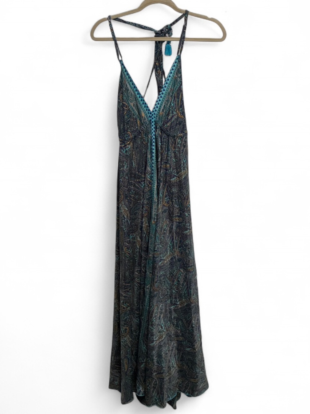 Boho Paisley Print Turquoise-Trim Halter Maxi Dress